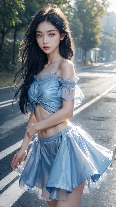 8k, masterpiece, 1 girl, beautiful face, very long hair, light makeup, (glossy skin), detailed eyes, detailed lips, small bust, simple clothing, blowing wind, ((blue clothing)), ((long petticoat)), ((navel)), light clothing, ((fog)), ((at the road)), ((wet...