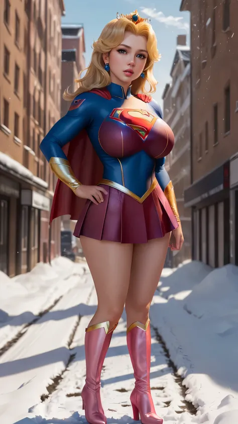 (PrincesaPeach), ,supergirl costume, ( big breasts:1.4), outdoor, urban landscape,  full body, (realistic:1.2), (realism), ( masterpiece :1.2), ( better quality ), ( ultra detailed ),(8K, 4k, intricate),,  pink lips, (( shiny lips )), pursed lips, (sexy ou...