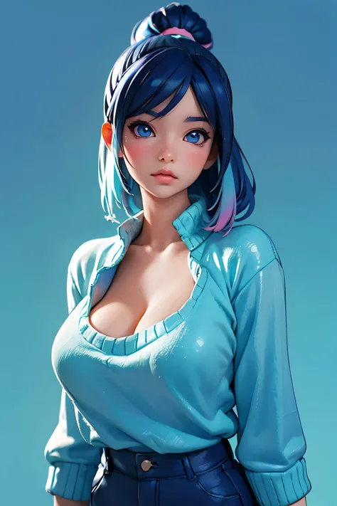 (best quality, sketch:1.2),realistic,illustrator,anime,1 asian girl, young, cleavage, big breasts, detailed lips,sweater,custom,blue gradient background,neon hair,textured cropping, masterpiece, style retro classic, noir dark 