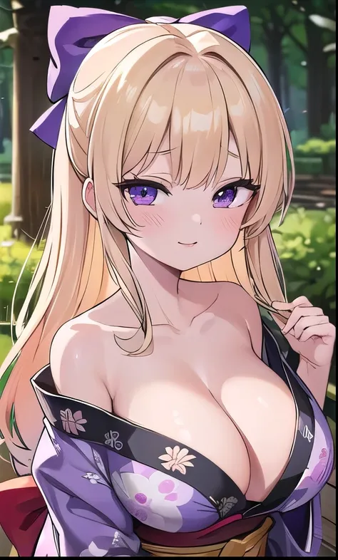   1 girl,   short 、 blonde alone、 golden hair 、uphair、Curly hair、 purple eyes ,  1 girl 、((( Details、 beautiful face))) outside、 Big Breasts 、 Bitch、Big Breasts,  , pink lips、  knight 、Best shadow、Best lighting、（((Darkness、In the forest、 kimono:yukata、赤いyu...