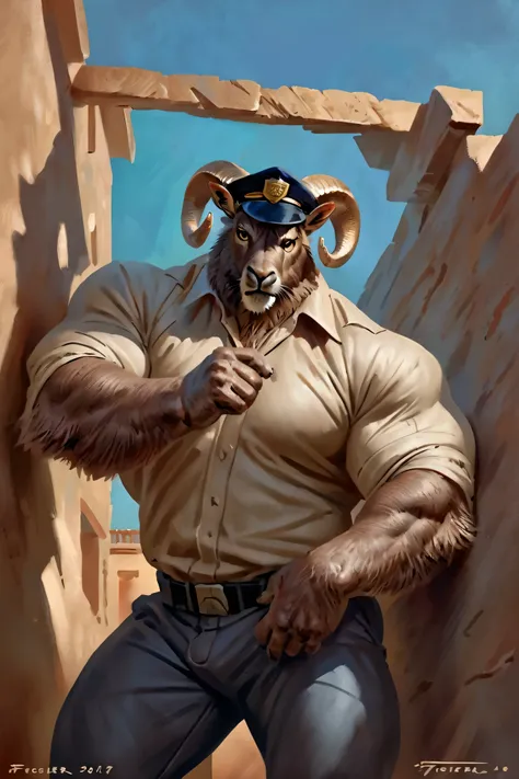 by taran fiddler, painting style, male ram, comic book style, illustration, solo, threatening pose, one hand leaning on the wall, looming over the viewer, frown expression, big muscles, huge body, bara, strong body, big strong legs, big body, bulky muscles...