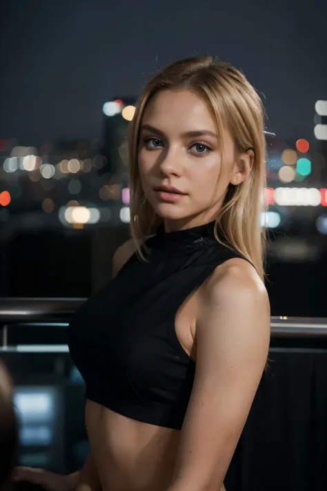 An exciting photo of a blonde in a black crop top, radiating sex appeal against the backdrop of a busy city. The image has a dreamy bokeh effect, with city lights creating an ethereal glow, while the sharp focus focuses on her seductive expression and flaw...