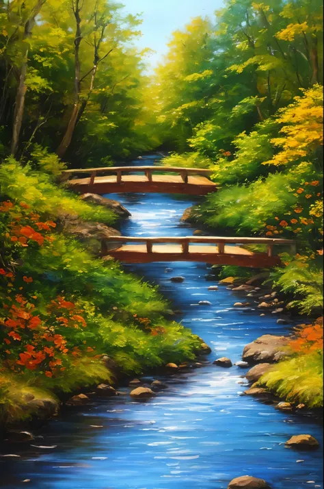 Painting a small bridge by a stream, background woods, realistic replies, whimsical art, oil painting style, ultra high definition,