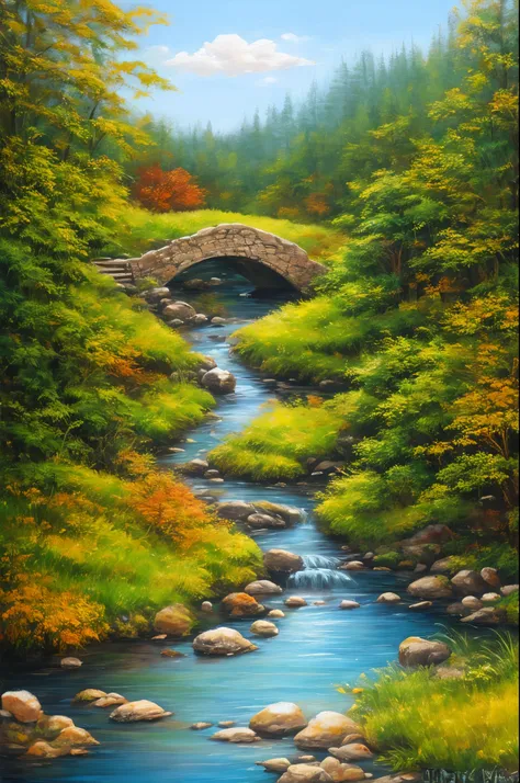 Painting a small bridge by a stream, background woods, realistic replies, whimsical art, oil painting style, ultra high definition, very intricate brush strokes, insane painting details, 