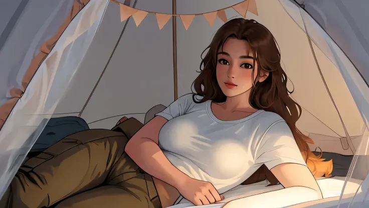 Inside a cozy camping tent illuminated by warm, soft lighting, a serene and relaxed woman lies comfortably on a thick mattress. She wears casual camping attire: a beige fitted top and brown cargo pants. chilling in raining day, watching rain
