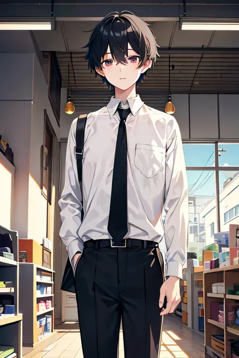 Male　  black hair　pants　  short hair under the eaves of the store 　（（（male）））　 School uniform　Winter uniform　A young man　classroom　 ties　  Long Sleeve  　School