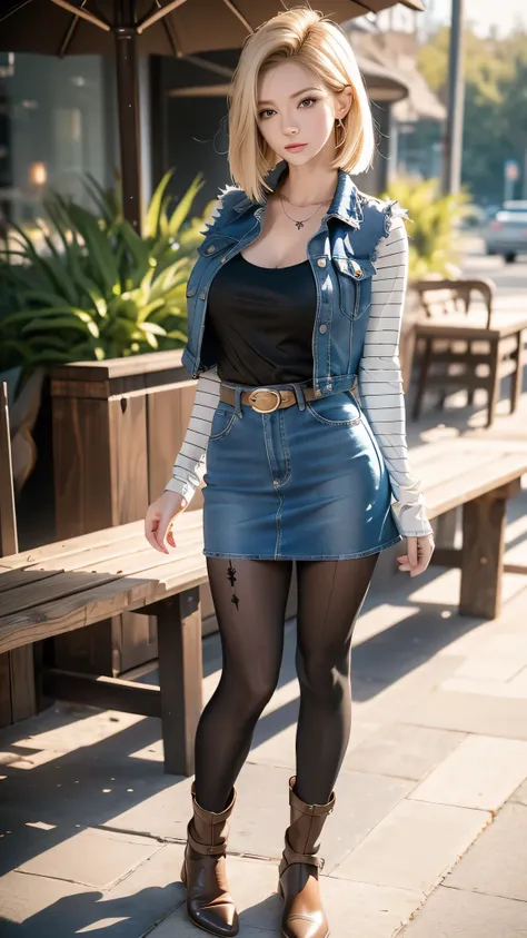 (One girl),  (Android 18), (Blonde hair), (Sexy girl), (She wearing light blonde hair), (Short length hush cut hair), (Her slender legs and stylish short western cowboy brown color boots are clearly visible under the mini denim skirt she is wearing),  (She...