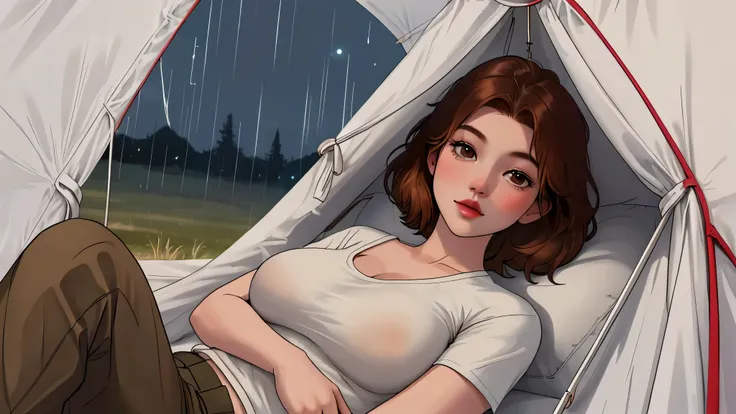 Inside a cozy camping tent illuminated by warm, soft lighting, a serene and relaxed woman with short auburn hair with big breasts lies comfortably on a thick mattress. She wears casual camping attire: a beige fitted top and brown cargo pants. chilling in r...