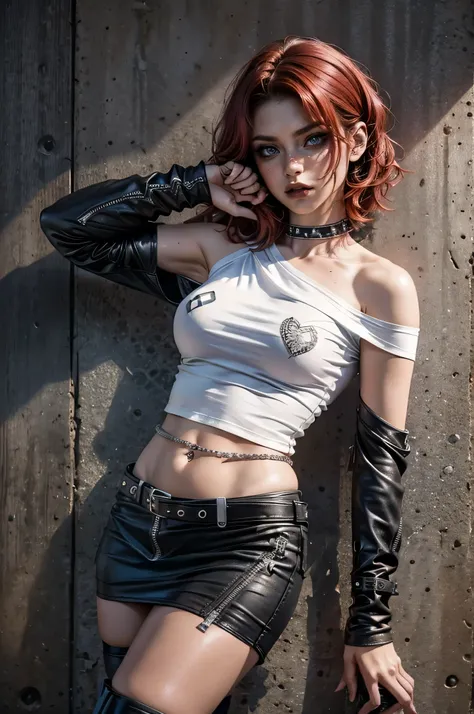 lora_Emma,a beautiful young woman with curly short red hair, freckles, attractive woman with punk outfit,(((off the shoulder white t-shirt))),leather skirt with zippers,(multiple studded belts),(exposed thong straps), ((navel piercing)),((belly chain)), he...