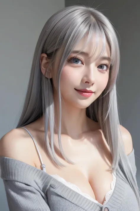 beautiful woman、  white skin、beautiful, shiny skin、 Ped 、  straight hair、(( Silver Grey Hair:1.2))、( Hair:1.2)、  long eyelashes、  Big Blue Eyes 、BEAUTIFUL EYE MAKEUP、 lip gloss、Beautiful, lustrous skin、  Pretty Smile with Cheeks 、Rib Gloss 、  highly reveal...