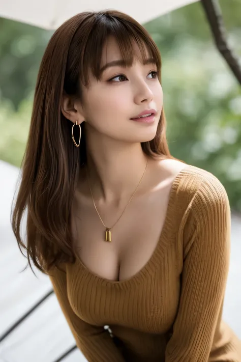 (masterpiece:1.4),(best quality:1.4) , realistic, highres, solo,(smile:0.9), brown_hair, , brown_eyes, bangs, side bang, sidelocks, red sweater, camisole,hoop earring,  earrings, ling necklace,   half-up, 1girl, collarbone, closed mouth, parasol, large bre...