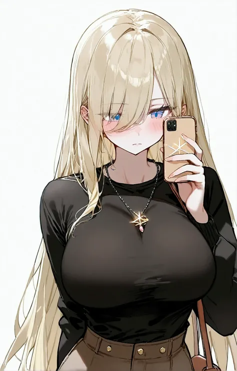 1girl, phone, blonde_hair, solo, breasts, hair_over_one_eye, cellphone, blush, smartphone, long_hair, jewelry, blue_eyes, large_breasts, necklace, holding, holding_phone, white_background, shirt, simple_background, black_shirt, bag, long_sleeves, closed_mo...