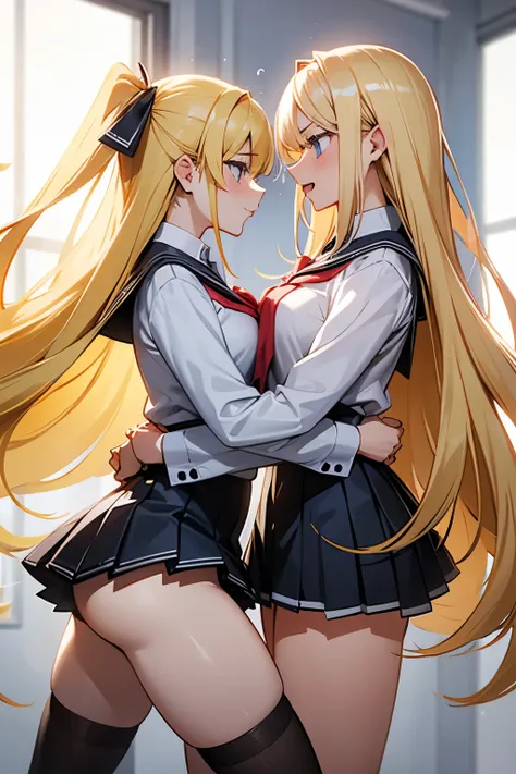 2 blonde girls  ,  long hair ,  in high school uniforms , fighting , Discussing , brava
