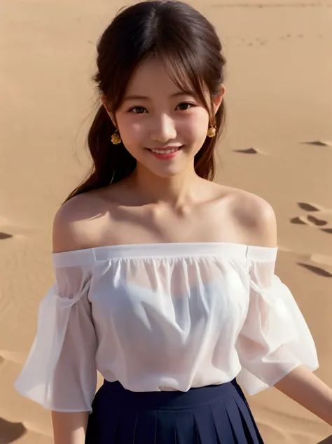 Japanese elementary school girl  smile see-through short-sleeved blouse off-shoulder Sahara desert