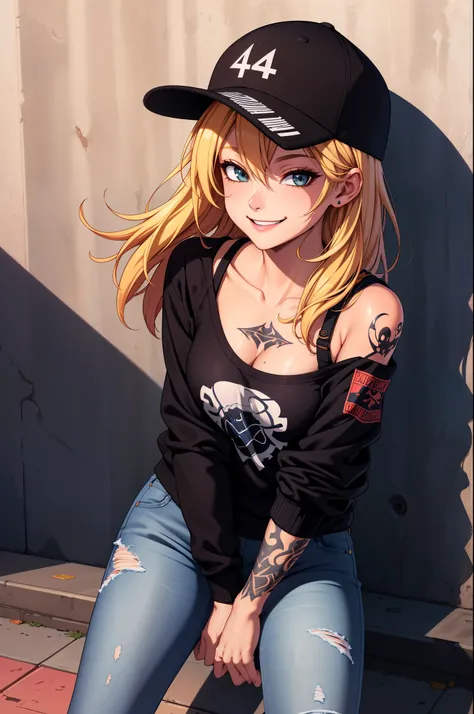 (extremely detailed CG unity 4k wallpaper),(masterpiece),(best quality),(ultra-detailed),(best illustration),(best shadow),(absurdres),(Detailed background), NYC Skate park background, Female, slim, sticking happy smirk, black baseball cap, Skater girl, Sl...