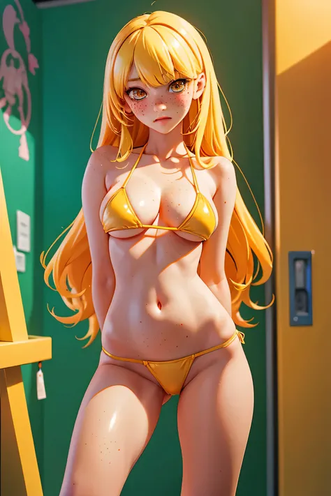 One girl、Excellent anatomy, masterpiece, Highest quality,Realistic, hyperRealistic, 16k hdr, Long yellow Hair、Straight Hair、bangs、((freckles))、high school girl、Slender、Slender body、In the locker room, asian high school girl, huge breasts, cleavage, edgy gr...