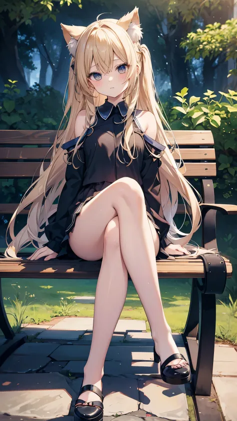 Anime Girl Sitting on a Bench with Legs Crossed Masterpiece Top Quality High Definition、  long hair,  sit with both knees bent、Eight-headed body、 beautiful legs with tails 、 、  sit as if you were looking up from below 、 embarrassing、 black underwear