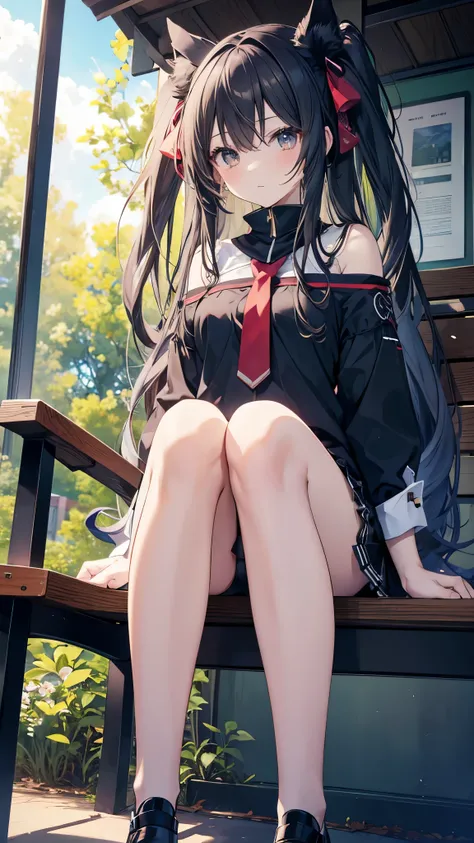 Anime Girl Sitting on a Bench with Legs Crossed Masterpiece Top Quality High Definition、  long hair,  sit with both knees bent、Eight-headed body、 beautiful legs with tails 、 、  sit as if you were looking up from below 、 embarrassing、 black underwear