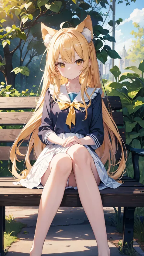 Anime Girl Sitting on a Bench with Legs Crossed Masterpiece Top Quality High Definition、  long hair,  sit with both knees bent、Eight-headed body、 beautiful legs with tails 、 、  sit as if you were looking up from below 、 embarrassing、Yellow underwear