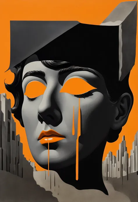 René Magritte ,Surreal and strange displacement art:collage画,There are many different things in the face,home,Geometric Distortion,collage,highly realistic,Artistic Sense,paint,paint,simple,black and orange