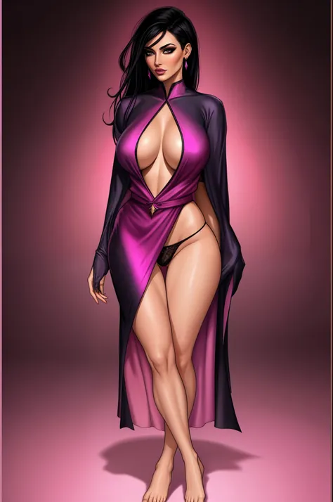 sorceress. sexy robe, pink panties, black hair, blank background