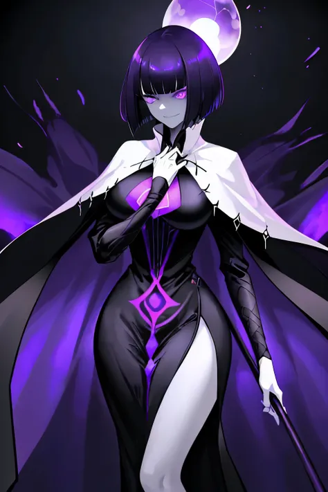  tall woman ,  in her hands, dressed in a loose floor-length dress and a silk cape.  Body and clothes are completely covered with clots of dark matter ,  distorting the original colors ,  which makes everything seem dark purple .short hair. She holds a rod...