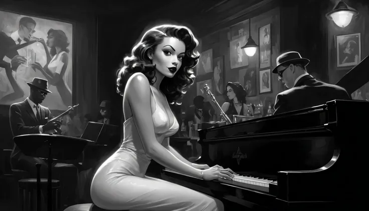 alabama bar, blue note, charismatic, baterist, guitarist, saxophonist, jazz band, bw, illustration, noir fantasy, sexy pianist lady,