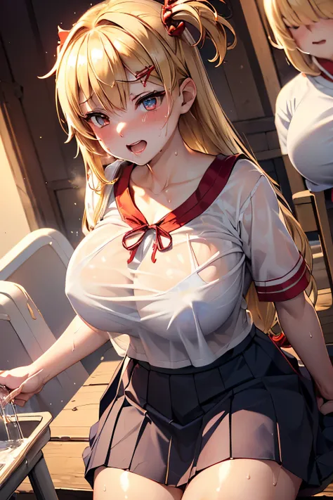 (highest quality)), ((masterpiece)), (family friendly), Perfect Face,Shiny skin,Beautiful breasts,red eyes,Shiny skin、Sunburned skin、Sweat、Off the shoulder、Double teeth、(((akaihaato)))、Big Breasts,(((Milking)))、(((Prone、{school uniform,Short sleeve shirt,B...