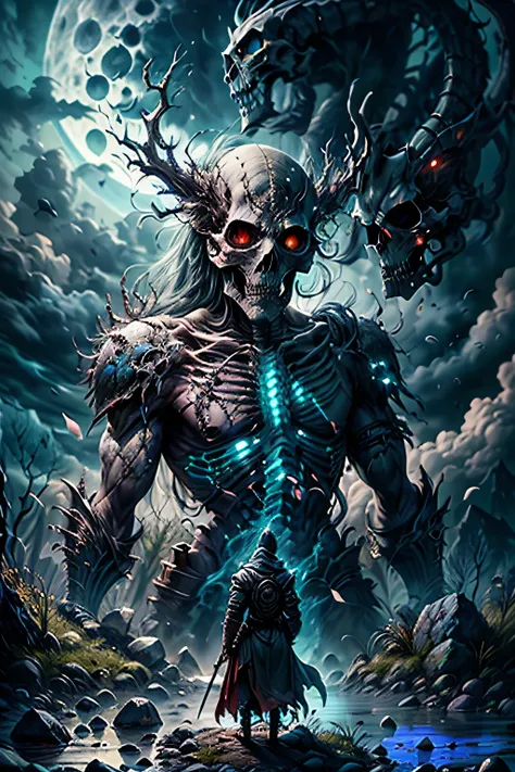 best image quality, masterpiece, super high resolution, 
BREAK 
"Imagine a chilling scene of a skeleton warrior standing atop an ancient tomb, shrouded in the eerie glow of the full moon. The warrior is adorned in ancient armor, rusted with age and battle-...