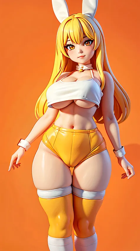 Asian girl, yellow hair, orange eyes, tight yellow crop top, underboob, white panties, bunny ears, sexy, submissive, orange background, huge breasts, heavy blushing, arms behind back, thigh highs, thick thighs, standing,
