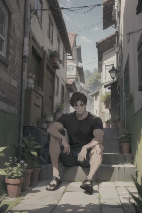 (absurdres, highres, ultra detailed), 1 male, handsome, tall muscular guy, very short brown hair, best ratio four finger and one thumb, best light and shadow, background is back alley, detasiled sunlight, sitting, Little fluffy cat are gathered next to him...