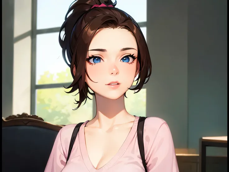 (masterpiece, best quality:1.2) 1girl, woman in her early 20s, pink shirt, face close-up, brown hair, ponytail, indoors, blue eyes, lipstick, looking at viewer, vixi_c1


