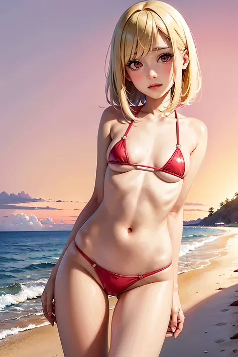 alone, (1 female), kitagawa marin, blonde hair, pink highlights, red eyes, minimal, 1girl, solo, red micro bikini, red eyes, nose blush, shy, looking at viewer, tight round butt, small breasts, slim figure, contrapposto, beautiful sandy shore, ocean in bac...