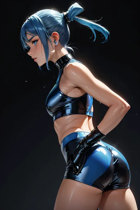  perfect anatomy 　 top quality, highest resolution,(((Shiny latex separators　 blue hair　 ponytail　sweat)))　 Track and Field