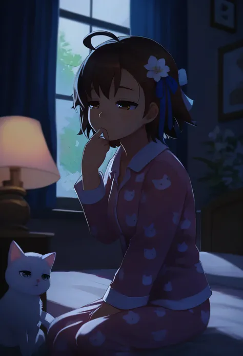 score_9, score_8_up, score_7_up, score_6_up, score_5_up, score_4_up, 1girl, teen, ((Artist: Makoto Shinkai)), dynamic angle, sleepy, eyes half closed, closed mouth, hair flower, black hair, hair ornament, ahoge, flower, pajamas, pink pajamas, ribbon, mediu...