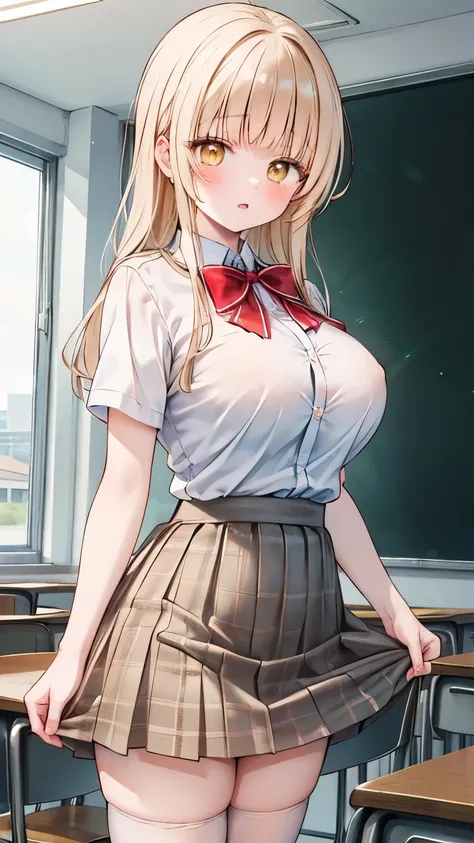 best quality,1girl,((big breasts:1.3)),orgasm,blush,sweat,mahiru shiina, bangs, blonde hair, brown hair, (yellow eyes:1.3),long hair, skirt, bow, (school uniform), pleated skirt, plaid, plaid skirt, (red bowtie:1.2),lift skirt,upskirt,white panties,lace pa...