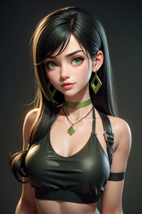 Best quality, 3d rendering work, 3DMM style, Close-up, Portrait,3D, 1girll, only, Black hair, earrings, looking at the camera, Realistic, Upper body , posing on a Simple background, bangs, looks away, Long straight black hair, full lips, choker necklace, M...