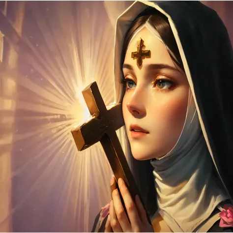 A close-up digital painting of a young nun with pale skin, soft blush on her cheeks, long blue eyes, and dark brown eyebrows, viewed from a frontal angle slightly to the right. She has a serene yet solemn expression as she holds a large wooden cross in bot...