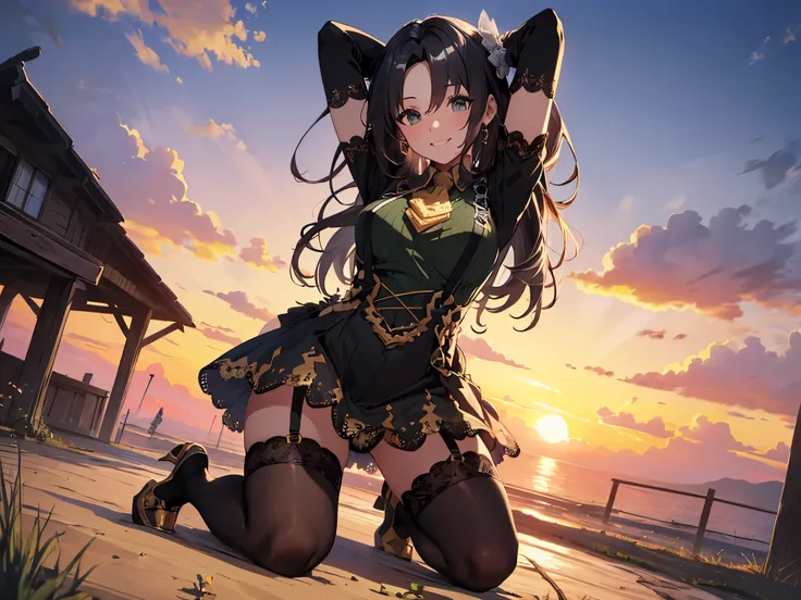 Alone, 1 Female, (Human Ear, Earrings), (black hair, Long Hair Down), (Lying with Arms Behind Head),( kneeling、slouch)、 (Anime Face, big smile when looking back), (Hair Accessories), (Suspenders, gorgeous dresses, Micro Mini Skirt, garter belt, Stockin...