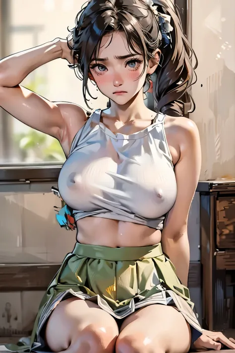 Masterpiece, photo realistic hyper details, simple style, upsize knit tanktop, med breast:0.8, erect nipple, wavy hair, shoulder-length hair, ponytails, skirt, sad face, blushing