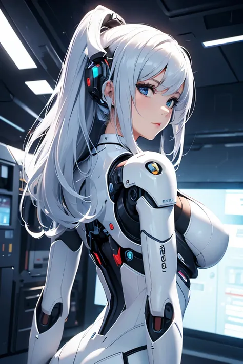 Masterpiece, best quality, 4k, beautiful woman, beautiful face, machine, robot, machine city, technology, machine lifeform, white machine bodysuit, big breasts, cleavage, back view, turning around, sexy,