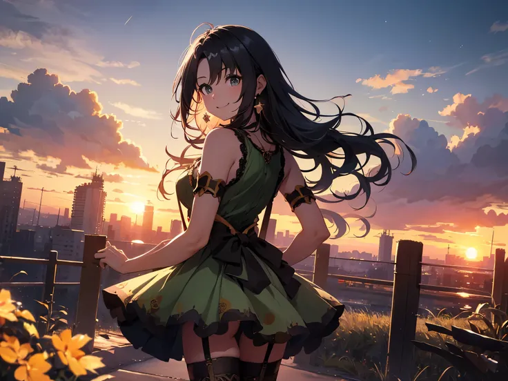 Alone, 1 Female, (Human Ear, Earrings), (black hair, Long Hair Down), (Cross your arms behind your butt), (Anime Face, big smile when looking back), (Hair Accessories), (Suspenders, gorgeous dresses, Micro Mini Skirt, garter belt, Stockings), (Sunset Sk...