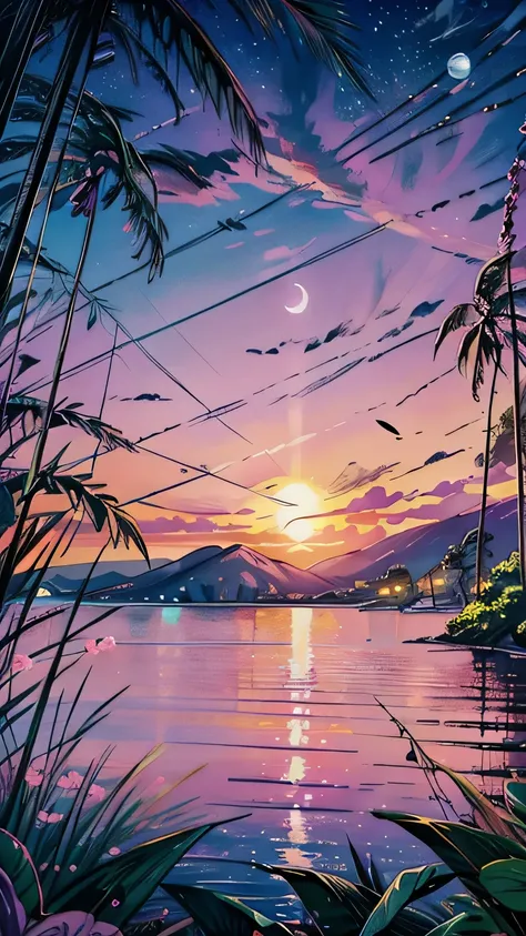  a painting of a waxing Moon over a body of water,  dream scenery art , melancholic pastel art ,  purple sunset , vaporwave sunset, serene cores, at  purple sunset ,  atmospheric dream landscape painting , pastel sunset, pink sunset,  sunset background ,  ...