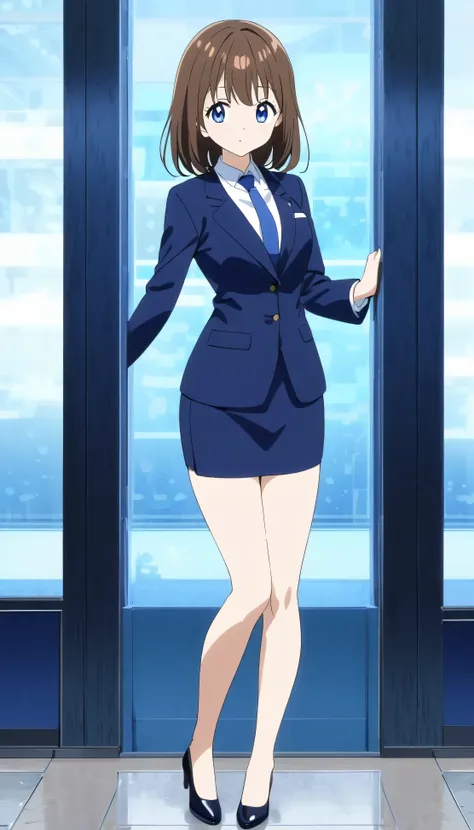 Mahoko Mochida、Brown Hair、Tea pupil、Middle hair、 kind smiles、Blue Eyes、 full body style that reflects your whole body、Normal milk、 narrow waist 、Bare legs、 in a suit、 navy blue jacket , collared shirt 、 white shirt 、 blue tie,navy blue mini pencil skirt,Bl...