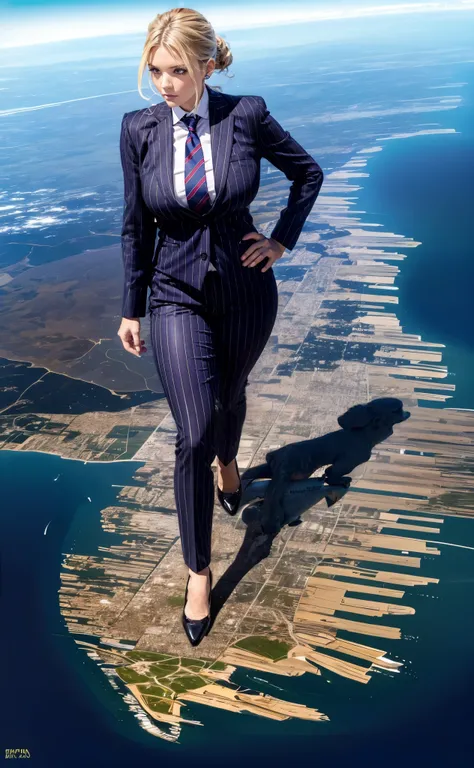 Giga Giantess art 1:4, two highly detailed giga giantess, blonde hair, a teenage bbw white girl full body view, 1000 miles giga giantess, giga giantess so massive the world is very small to her, huge breasts, yellow pinstriped three-piece suit and blazer, ...