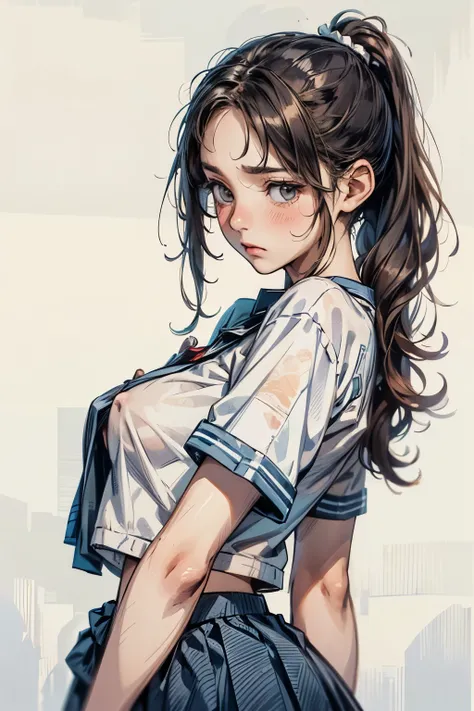 Masterpiece, photo realistic hyper details, simple style, upsize uniform, detailed fabric fibers, oversized, erect nipple, wavy hair, shoulder-length hair, ponytails, skirt, sad face, blushing