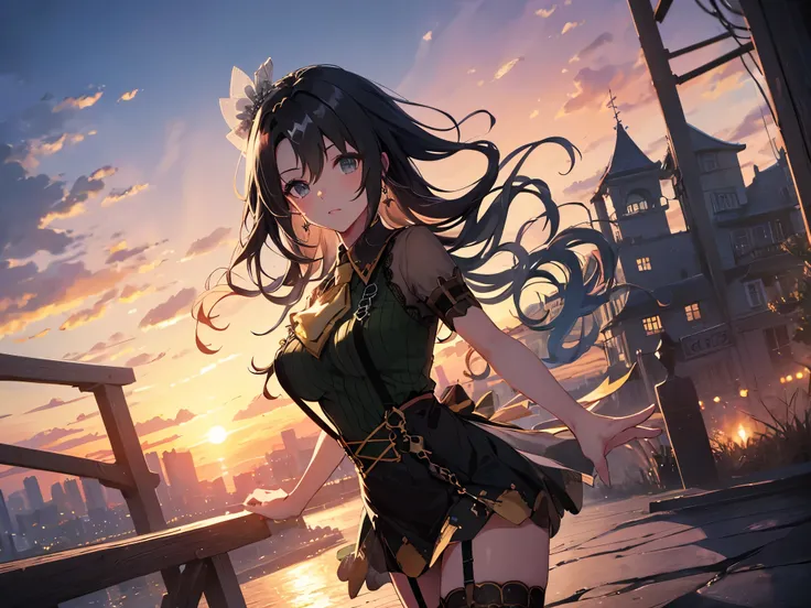 Alone, 1 Female, (Human Ear, Earrings), (black hair, Long Hair Down), (Rub the breasts with both hands), (Anime Face,), (Hair Accessories), (Suspenders,  gorgeous dresses,  Micro Mini Skirt, garter belt, Stockings), (Sunset Sky, Sunset, Evening Sky), (Focu...