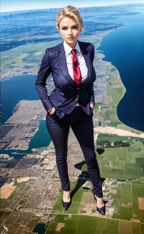 Giga Giantess art 1:4, two highly detailed giga giantess, blonde hair, a teenage bbw white girl full body view, 1000 miles giga giantess, giga giantess so massive the world is very small to her, huge breasts, grey pinstriped three-piece suit and blazer, wh...