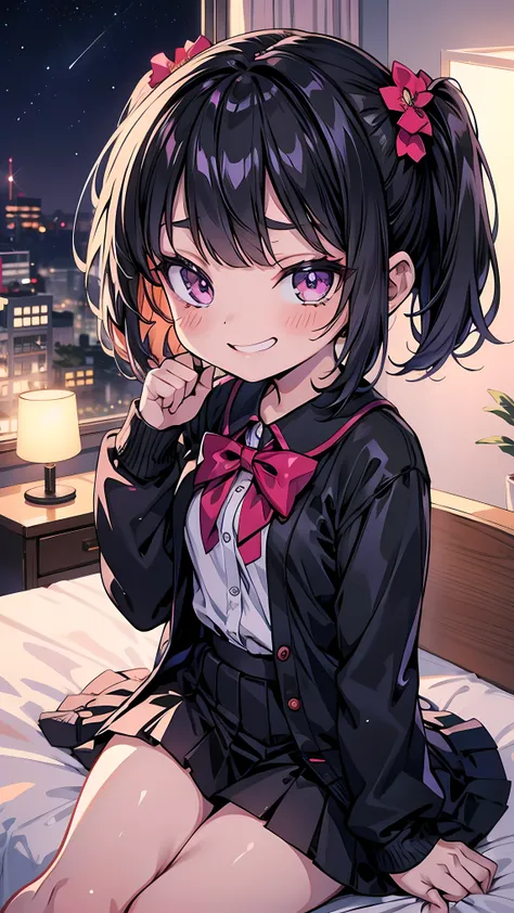    super detailed, Masterpiece  ,  top quality, detailed face , Loli,Loli,    straight hair short hair,   black hair , student,  twin tails,   very small breasts ,  Very large eyes   ,      purple    ,  Bedroom at night,8k , student服 , Smirk