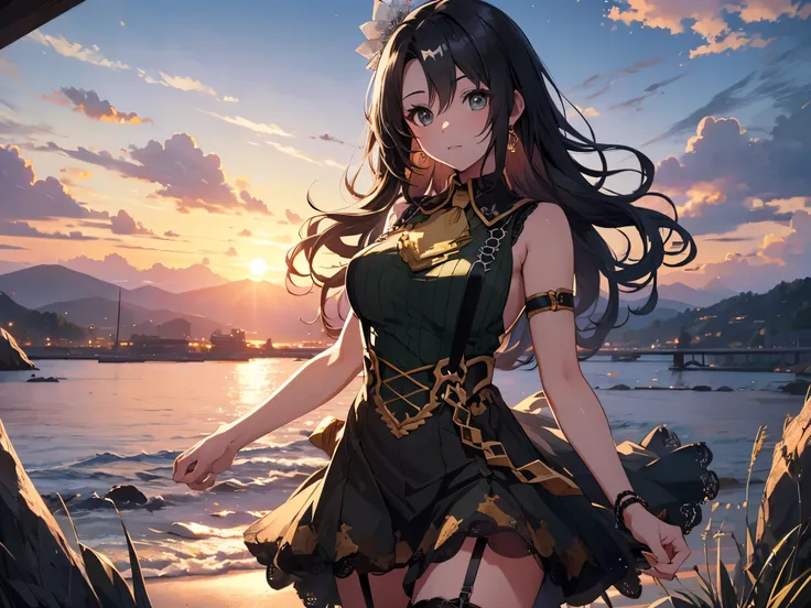 Alone, 1 Female, (Human Ear, Earrings), (black hair, Long Hair Down), (Rub your chest with both arms), (Anime Face,), (Hair Accessories), (Suspenders, gorgeous dresses, Micro Mini Skirt, garter belt, Stockings), (Sunset Sky, Sunset, Evening Sky), (Focus ...